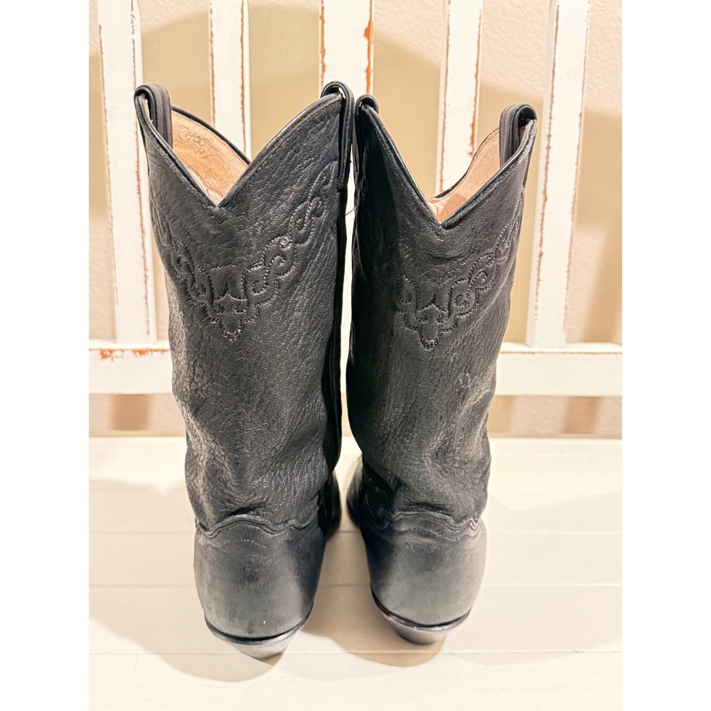 Womens Black Leather Western Cowboy Boots Pointed‎ Toe Mid Calf Stitched Details - Picture 4 of 9